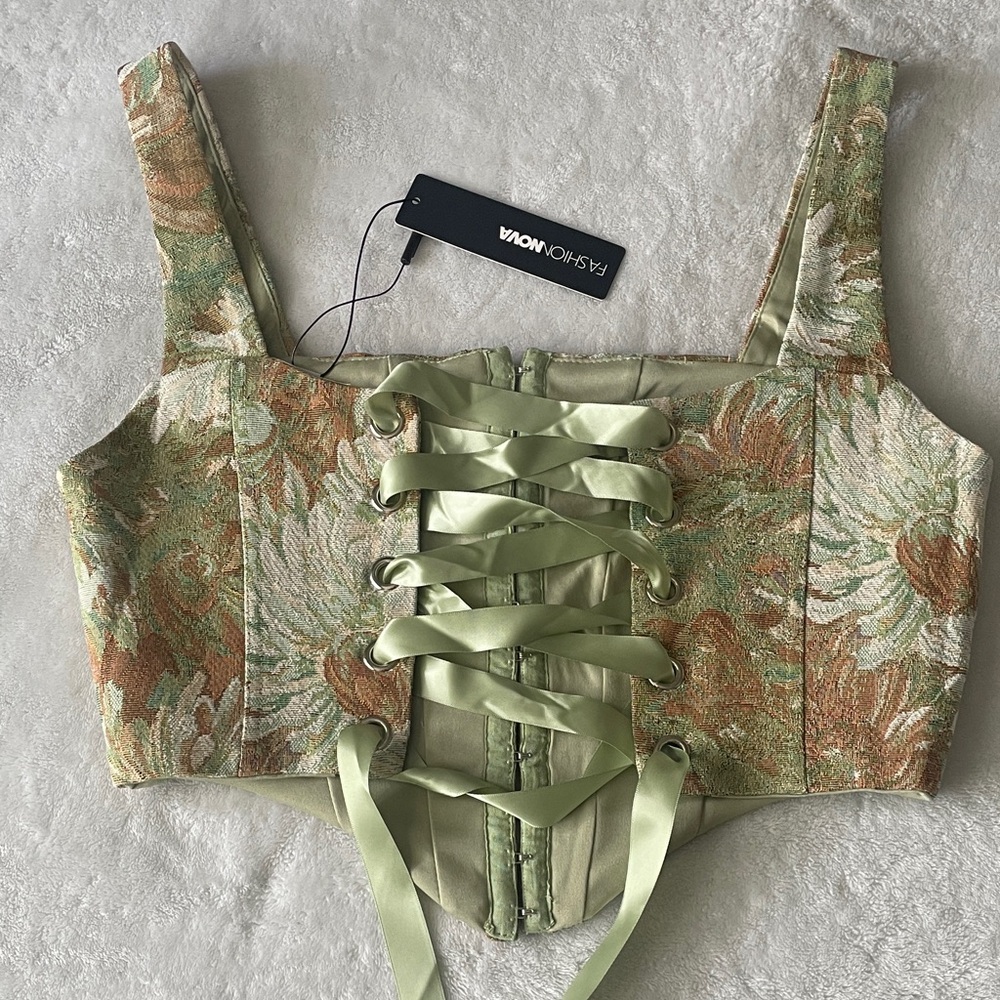 Fashion Nova Floral Lace-Up Crop Top - Green and Brown